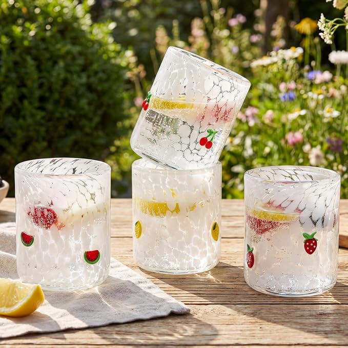 SiliFine 4 Pack Fruit Icon Juice Glasses Set - 14 oz Cherry, Watermelon, Strawberry, Lemon Stemless Glass Cup for Coffee Wine Cocktail Drinking - Summer Birthday Holiday Party Supplies & Ideal Gift