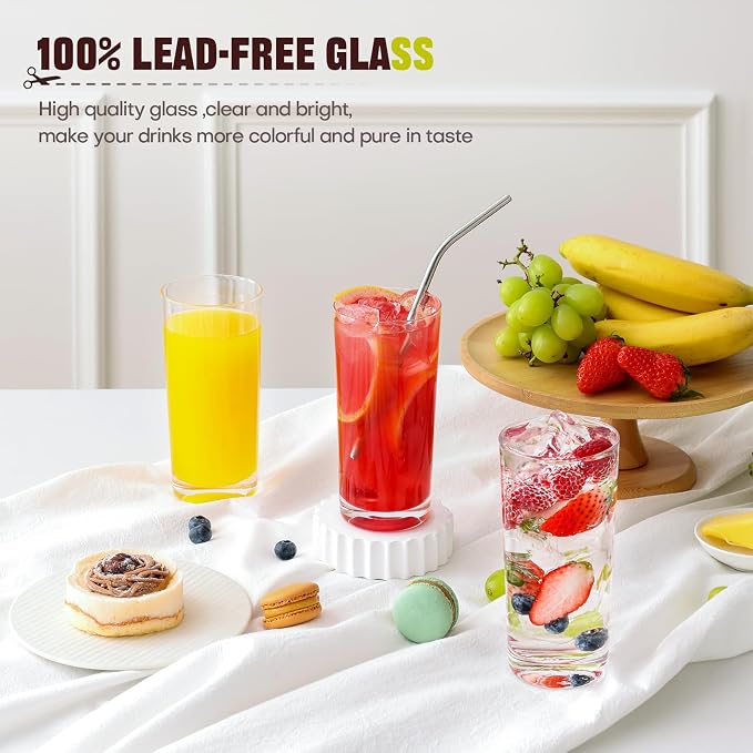 Highball Glasses Set of 8, 16oz Tall Drinking Glasses, Water Glass for Kitchen, Tom Collins Glasses, Mojito Glass Cups, Cocktail Glasses for Bar Glassware