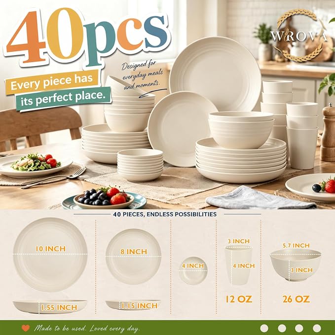 Wrova Premium Plates Bowls and Cups Set 40 PCS- Wheat Straw Dinnerware Sets for 8- Unbreakable Deep Plates/Bowls/Cups/Sauce Dishes- Dishwasher Safe Daily Living Dinnerware for Dinner,Patio- Beige