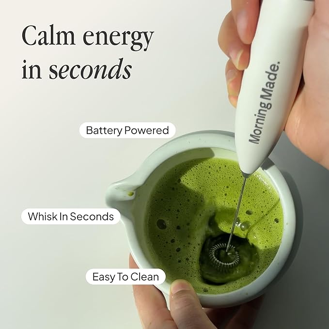 Morning Made Electric Matcha Whisk - Matcha Frother Alternative to Traditional Bamboo Whisk - Battery Operated Milk Frother Wand with Protective Stand - Achieve Creamy Froth, Dual Blade, Easy to Clean