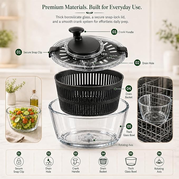 Large 5.2 Qt Glass Salad Spinner Vegetable Dryer with Drain Microwave Safe Dishwasher Safe with Transparent Lid Crank Handle Quick Spin Greens Washer for Lettuce Herbs Fruits (black)