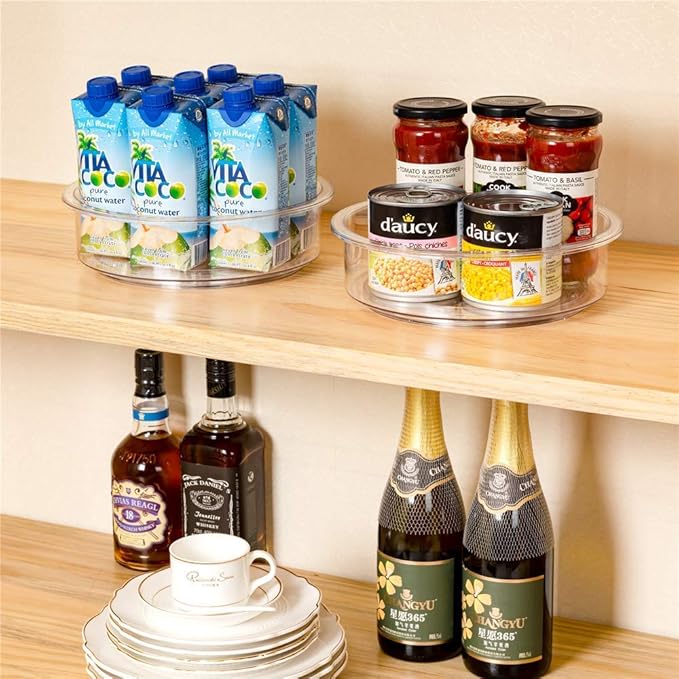 SANNO Lazy Susan Cabinet Organizer, Clear Turntable Food Pantry Storage Container for Kitchen Spice Pantry Fridge Cupboard Organizing-9.8",Set of 2