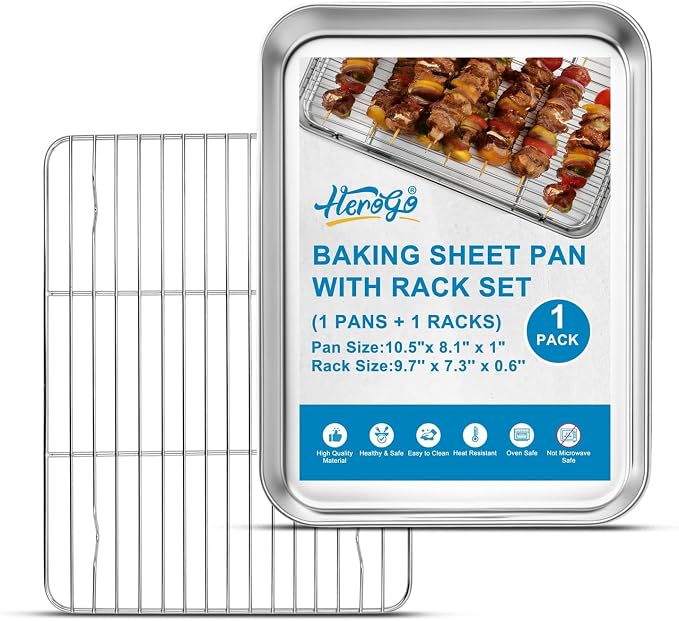 Herogo Small Baking Sheet with Wire Rack Set(1 Pans + 1 Racks), 10.5"x 8" x 1" Stainless Steel Cookie Sheet Bakeware Set for Oven, Nontoxic & Easy Clean