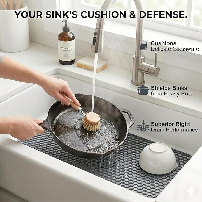 Silicone Sink Protectors for Kitchen - Non-Slip Heat Resistant Grid Mat for Farmhouse Porcelain Stainless Steel, Protects & Cushions Your Sink(Gray 1PCS, 28.5"x14.5" Right-Side Drain)