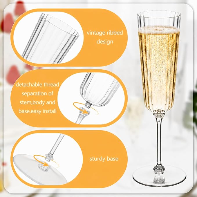Jingmore 100 Pcs Plastic Ribbed Champagne Flutes With Stem, 6.4 oz Clear Vintage Disposable Vintage Mimosa Glasses for Wedding Birthday Anniversary (Clear)