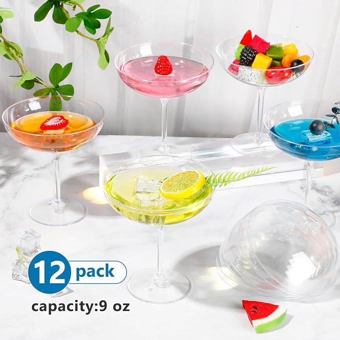 LemonRoad 12 Pcs Plastic Coupe Glasses 9 oz Disposable Martini Glasses for Cocktails, Champagne, Desserts and Espresso, Drinkware Set for Weddings, Birthday Parties, Home Bars (Clear)