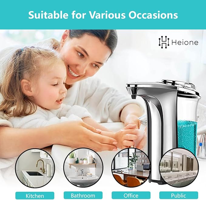 Automatic Soap Dispenser Touchless - Battery Operated Sensor Liquid Soap Pump for Kitchen Sink & Bathroom - Silver Glossy Color, 5 Adjustable Levels, IPX4 Waterproof, 17oz / 500ml