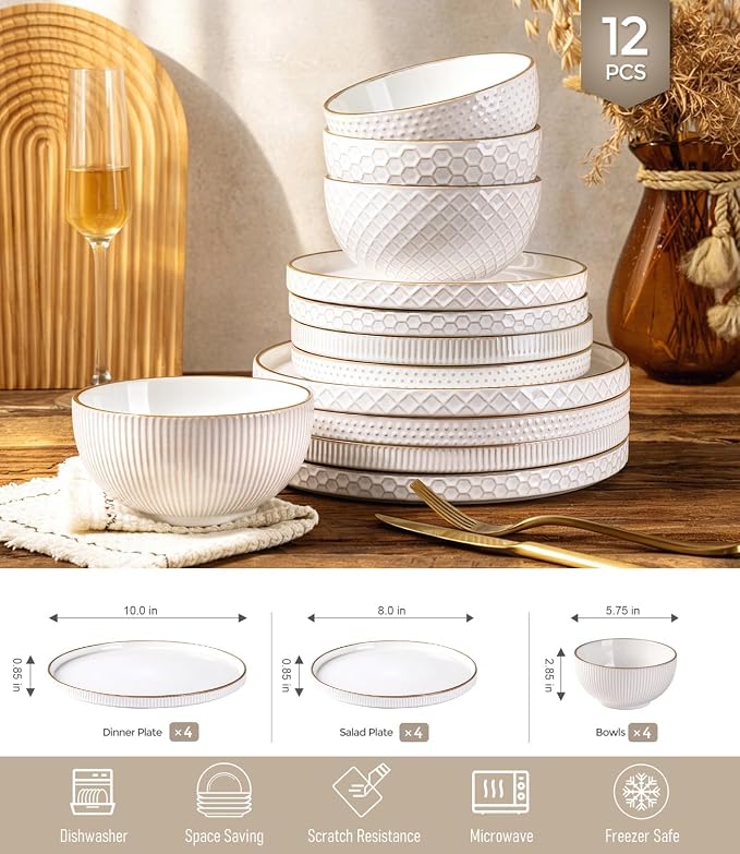 GBHOME Stoneware Dinnerware Sets Service for 4, 12 Piece Embossed Plates and Bowls Set, Elegant Ceramic Dish Set, Chip Resistant, Microwave & Dishwasher Safe, Off white（stackable)