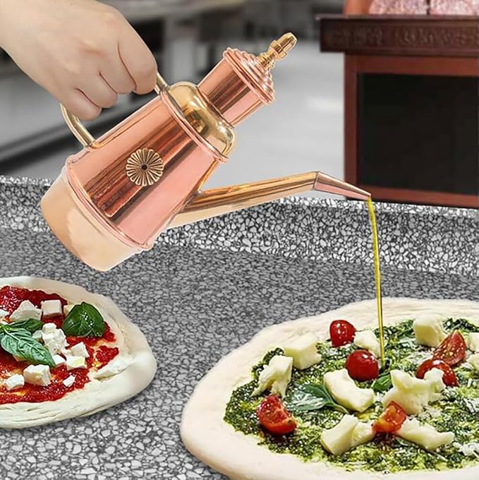 ikasus Olive Oil Dispenser Bottle, Retro Classic European Handmade Copper Oil Pot, Drip Free/Everyday-use Oil Vinegar Cruet, for Kitchen Restaurant Pizza Shop and Bakery, Gold, 450ML