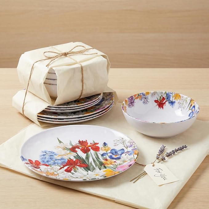 Melamine Dinnerware Sets 12 Pcs, Melamine Plates and Bowls,Party Plates and Bowls Sets, Camping Dishes Set for 4, Unbreakable, BPA Free, Dishwasher Safe（Colorful flowers）