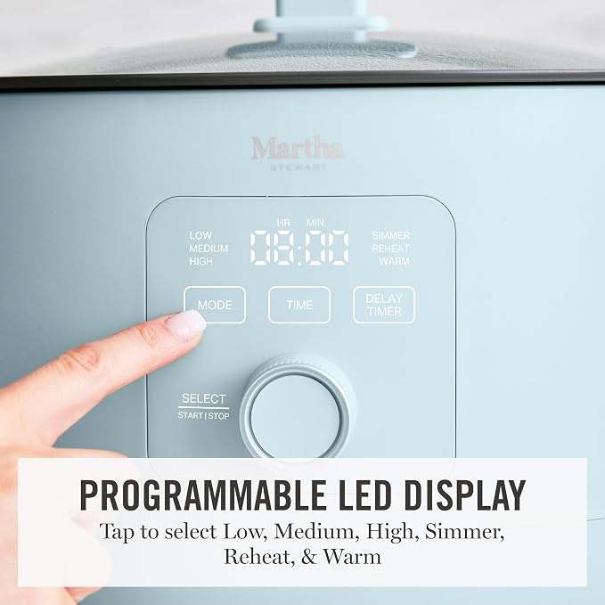 Martha Stewart 8 QT Slow Cooker, Programmable with Timer, 3 Heat Settings (Low, High, Warm), Nonstick Ceramic Removable Crock, Stovetop & Oven Safe, Glass Lid, Simmer, Reheat, Warm, Sky