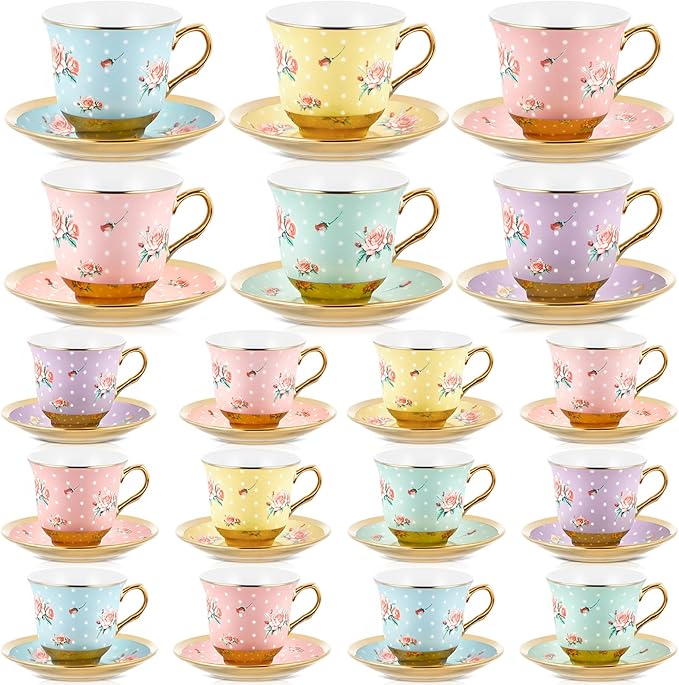 Teenyyou Set of 18 Tea Cups and Saucers Tea Party Decorations Floral Porcelain 5.4 oz British Gift for Women Birthday Party, Church, and Mother's Day (Vintage Style)