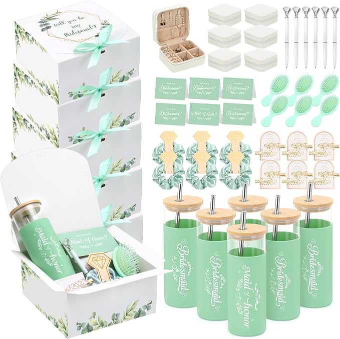 55 Pcs Bridesmaid Proposal Gifts of 6 Sets Maid of Honor Gifts Box Glass Cups Jewelry Box Scrunchies Hair Clips Pen and Invited Cards for Bachelorette Bridal Shower Wedding Party (Green, 6 Set)