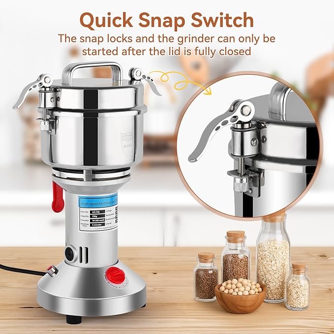 Electric Grain Mill Grinder - 2000W High-Speed 750g 304 Stainless Steel Professional Grain Mill & Spice Grinder for Kitchen and Coffee Shop - Grinds Grains, Coffee, and Dry Spices with Easy Operation