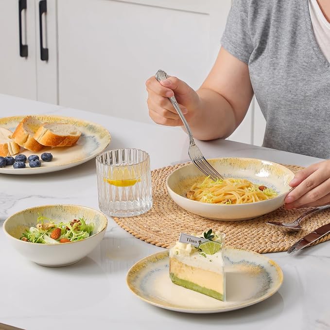 DOMICREVERY Ceramic Dinnerware Sets for 4, 16 pcs Plates and Bowls Sets, Lemon Sea
