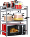 PUSDON 3-Tier Expandable Microwave Oven Rack, Countertop Baker's Rack Style Shelf, Heavy Duty Adjustable Stand with Hooks, 160lbs Capacity Appliance Match, Silver Gray