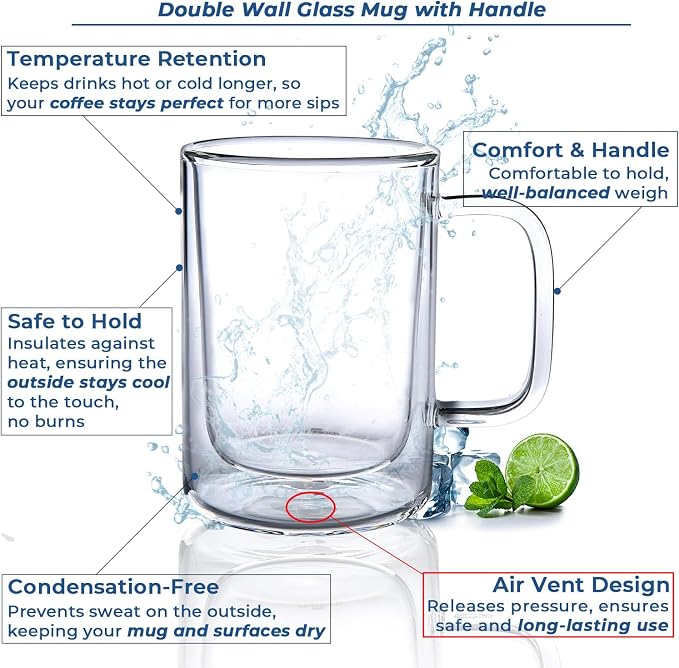 Aquach 12oz Double Walled Glass Coffee Mugs Set of 2, Insulated Tea Cups | Dishwasher/Microwave Safe, Borosilicate Glass, Double-walled, Smooth Rim, Comfort Handle, Ideal Daily Capacity