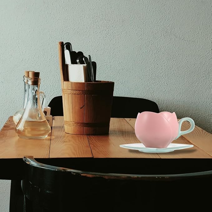 Luxshiny Ceramic Pink Tulip Coffee Mug with Handle, 10oz/300ml Tulip Shape Coffee Cup with Saucer for Tea Milk for Home Office (Pink)