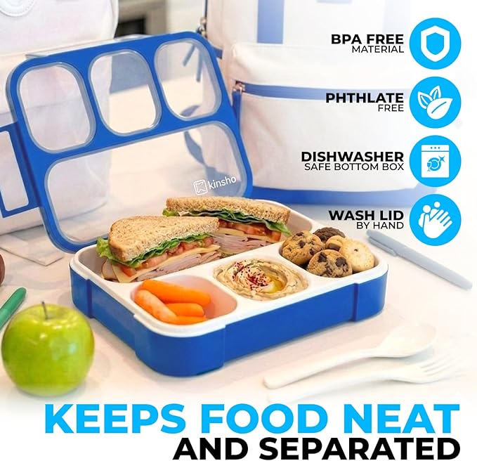 kinsho Bento Lunch Box for Kids Boys Adults, Portion Control Meal Container with 4 Divided Compartments, BPA Free Snackle Snack Food Container for School Work Travel, Utensils, Blue