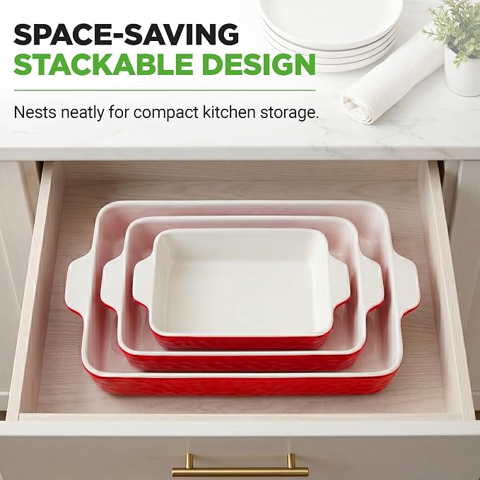 NutriChef 3-Piece Ceramic Casserole Dish for Oven - Premium Lasagna Baking Pans w/ Nonstick Coating & Built-In Handles - Dishwasher & Microwave Safe - 14" x 8", 10" x 6", 7" x 5" - Red