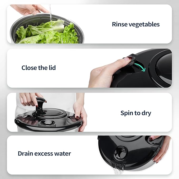 Stainless Steel Salad Spinner, 4.8 Qt Vegetable Washer, BPA-Free Lettuce Dryer with Crank Design, Dishwasher Safe, Non-Slip Base - Black Lid