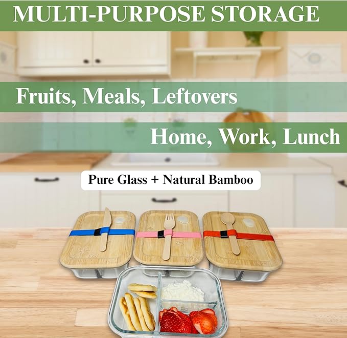 Glass Food Storage Containers with Bamboo Lids, Airtight Containers, Non Toxic Food Storage, Eco Friendly Fridge Storage ContainersIncludes Elastic Bands and Utensils (3 COUNT)