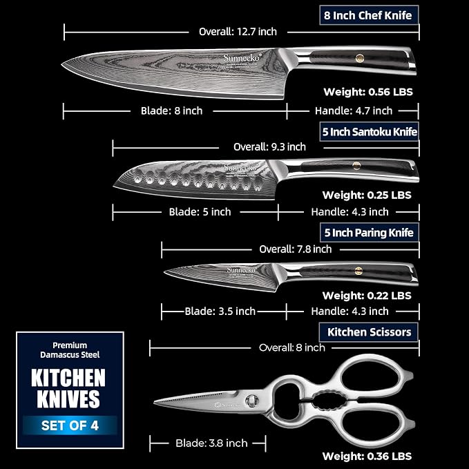 Sunnecko Damascus Kitchen Knife Set 4 Piece, Sharp Chef Knife Set with Kitchen Scissors, Professional Kitchen Knives Sets Full Tang with Gift Box