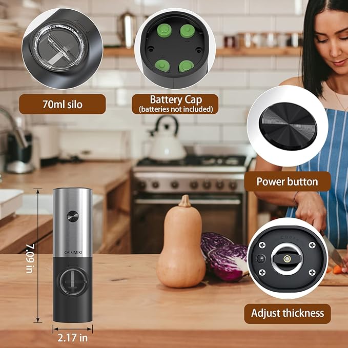 Electric Salt or Pepper Grinder Battery Operated, Automatic Salt and Pepper Mill Grinder Shakers with LED Light, Adjustable Coarseness, Include Brush and Spoon, Stainless Steel 1 PACK