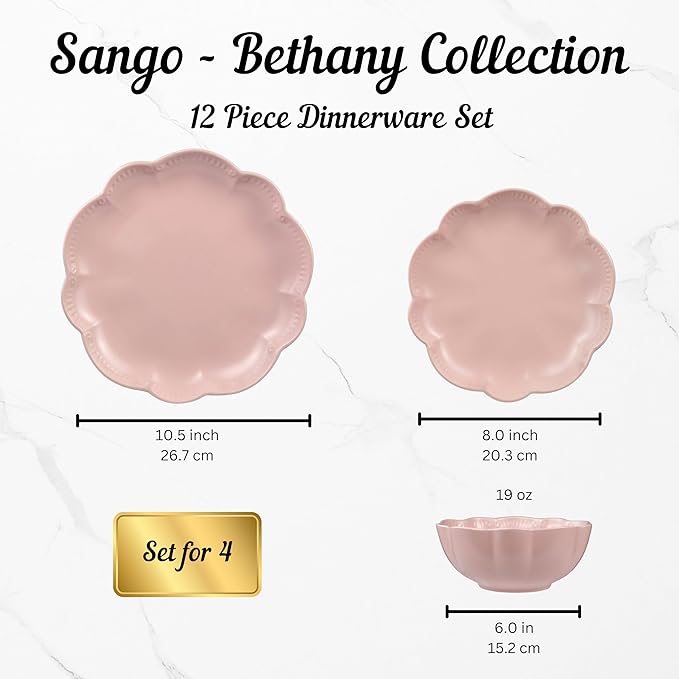 Sango 12 Pieces Scalloped Dinnerware Set, Modern Pink Dishes for 4, Premium Serving Plates & Bowls Sets, Chip Resistant, Blush Ceramic Dishware, Kitchen Dish, Microwave & Dishwasher Safe, Bethany