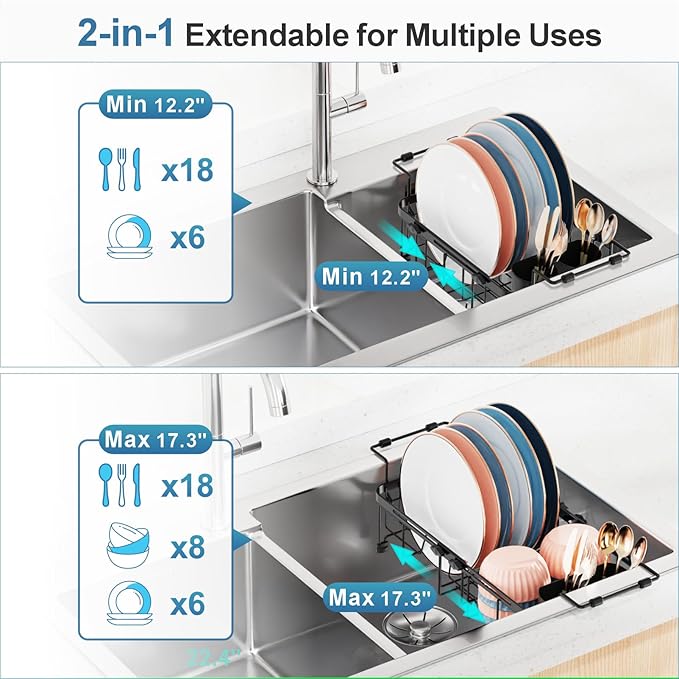 iSPECLE Small Sink Dish Drying Rack, 9.1" W Expandable Compact Rust Resistant Dish Drainer for RV Apartment Kitchen, Dish Rack with Lock Knob, Arms with Non Slip Rubber, Black