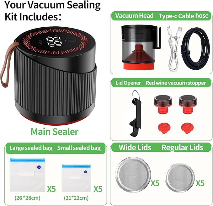 Electric Mason Jar Vacuum Sealer Kit for Wide and Regular Mouth Jars - Vacuum Sealer Machine with -80kpa Suction, Automatic One-Button Operation for Food Storage