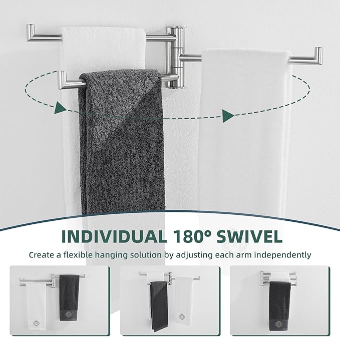 Aomasi Brushed Nickel Swivel Towel Bar, 304 Stainless Steel Triple Rotatable Towel Rack, Wall Mounted