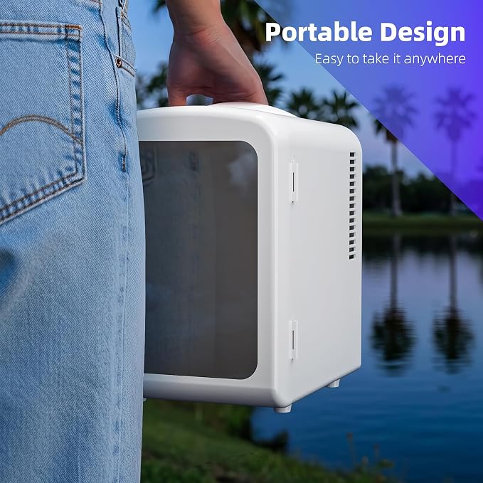 Antarctic Star Mini Compact Refrigerator with Gaming Light, 4L Capacity/6 Cans Portable Mini Fridge, for Bedroom,Car,Office and Dorm, Small Cooler for Cosmetics, Beverage and Food, White