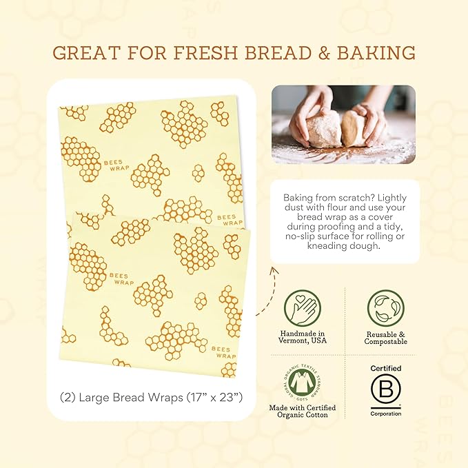 Bee's Wrap Beeswax Wraps for Bread - 2 Pack Beeswax Bread Wrap for Sourdough & Bread Storage - Plastic Free Made in USA Reusable Natural Food Wrap - & Honeycomb