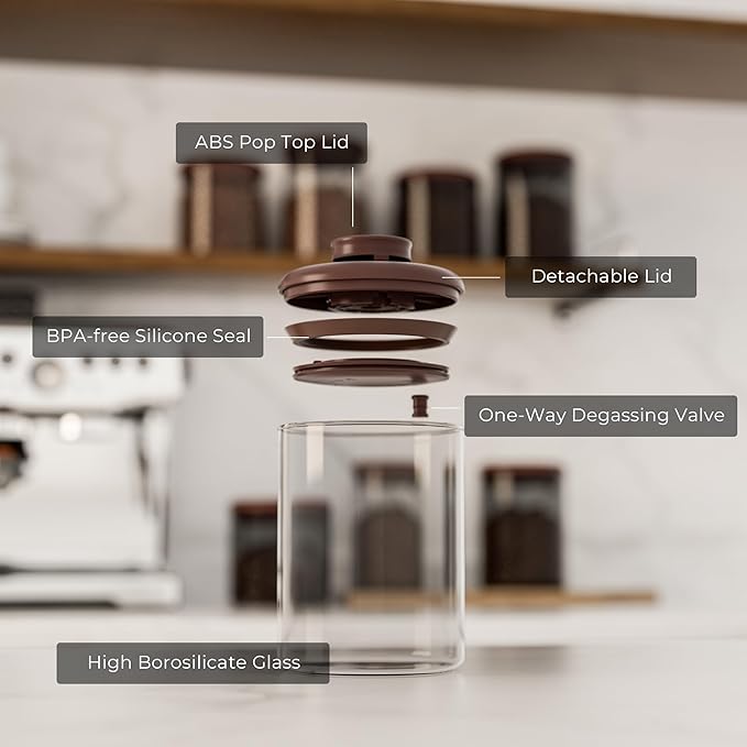 15OZ Clear Glass Coffee Canister with CO₂ Valve, Airtight Storage Container for Coffee Beans, Grounds, Tea & Dry Food, Kitchen Countertop Jar to Keep Fresh