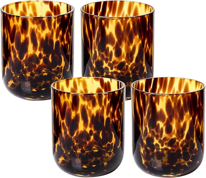 Tortoise Shell Drinking Glasses Set of 4, Brown Decorative Tortoise Shell Tumbler Cups for Wine & Drinks，Drinking Glasses for Wedding Gifts, Housewarming, Cocktail Party (4, 10oz)