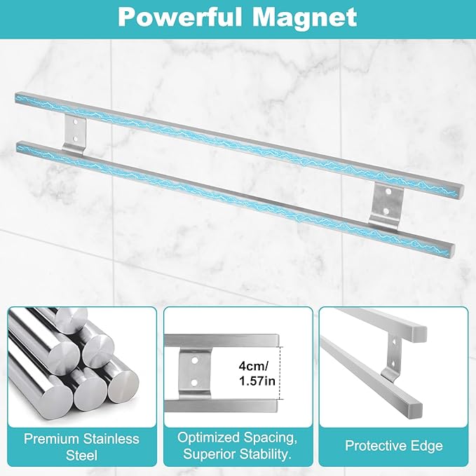 Knife Magnetic Strip With 3 Hooks, 14" Magnetic Knife Holder for Wall Mount Fridge Refrigerator, 17 Inch Magnetic Knife Holder with 4 Hooks,Dual Rod Strong Magnet Knife Bar for Partry Garage Tool Rack