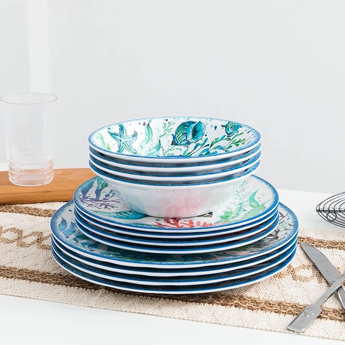LEHAHA 12-Piece Melamine Beach Dinnerware Set, Coastal Plates and Bowls Sets, Oceanic Sea Life Dish Sets for 4, Great for Indoor Outdoor Dining on the Beach, RV, Camping or Cabin
