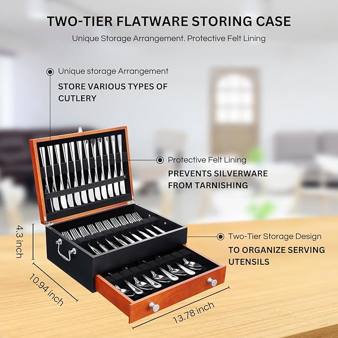 Silverware Storage Box, Wood Chest - without Cutlery - Tarnish Proof Felt Lined Storage Silver Chest, Store Sterling Silverware SilverTarnish Proof Flatware Hardware for 12 or 16 or more Utensil sets