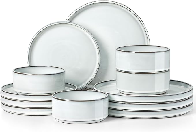 Herogo 12 Pieces Stoneware Dinnerware Set for 4, Ceramic Dinner Dishware Sets for Home Kitchen, Plates and Bowls with Rustic Terracotta Bottom, Dishwasher & Microwave Safe, Icy White