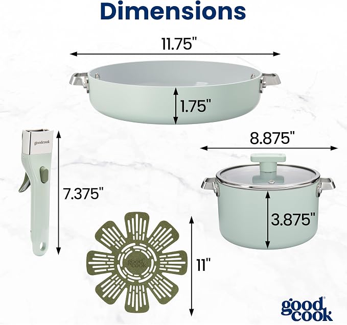 GoodCook Ceramic Cookware Set 5-Piece with Removable Handle, Induction Compatible, Nonstick and Oven Safe with 9.5-Inch Frypan, Sage Green