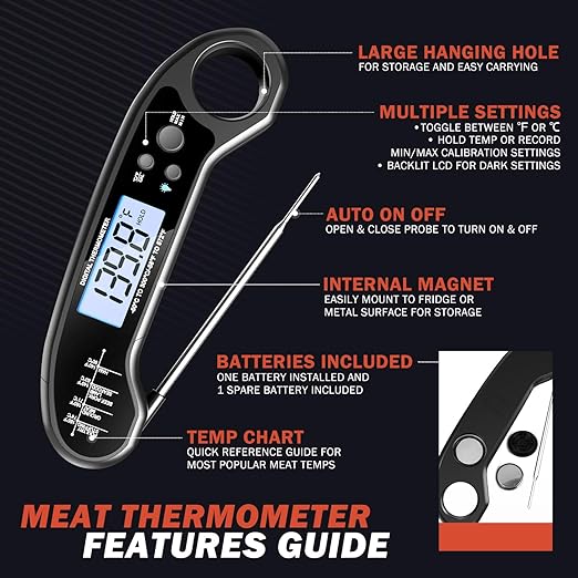 Meat Thermometer Digital, Instant Read Meat Thermometer for Grill and Cooking, with Bottle Opener, Backlight & Calibration Food Thermometer, Kitchen Gadgets for BBQ, Turkey, Candy, Liquids