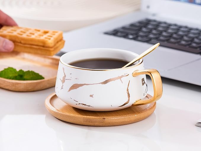 Jusalpha 10 oz Luxury Golden Hand Print Coffee Teacup with Bamboo Saucer Set Fashion Marble Pattern for Women TCS19 (White)