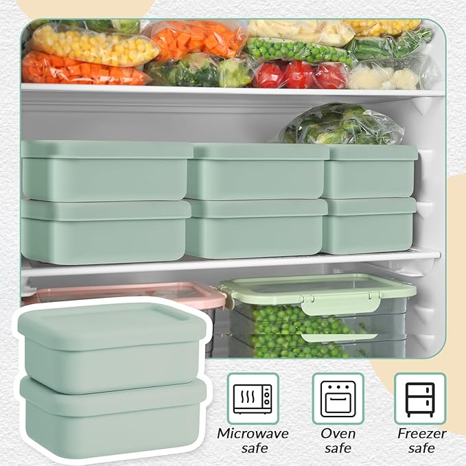Teenyyou 6 Packs 1 Cup Silicone Soup Freezer Molds with Lid Silicone Soup Freezer Trays Rectangle Reusable Food Preserving Tray Freezing Sauces Stews(Sage Green)
