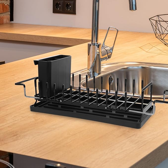 Collapsible Over Sink Dish Drying Rack Stainless Steel Kitchen Counter Organizer with Drain Board and Cutlery Holder for Large Capacity Tableware Storage