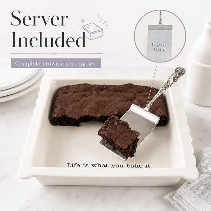 Mud Pie Ceramic Brownie Pan Set with Silverplate Server, Scalloped Brownie Baking Dish, Oven Safe Dishwasher Safe Bakeware, Perfect Brownie Pan for Desserts, Bars, Gifts, White