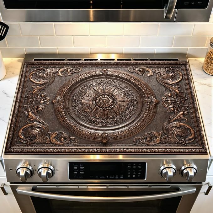 Stove Top Cover for Electric Stove 28.4 x 20.5 Inch Non Slip Stove Mat Oil Proof Bronze Medallion Glass Cooktop Protector Kitchen Mat