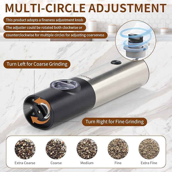 Electric Salt and Pepper Grinder Set Rechargeable Automatic Pepper Mill Grinder Stainless Steel Kitchen Gadgets Adjustable Coarseness Shakers, One Hand Operation, 2 Pack