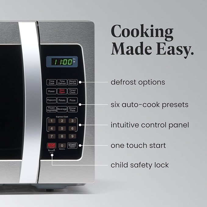 Farberware 1.3 Cu. Ft. Countertop Microwave Oven – 1000 Watts Power, Auto Cook Settings, Defrost, Easy Clean and Child Safety Lock - Stainless