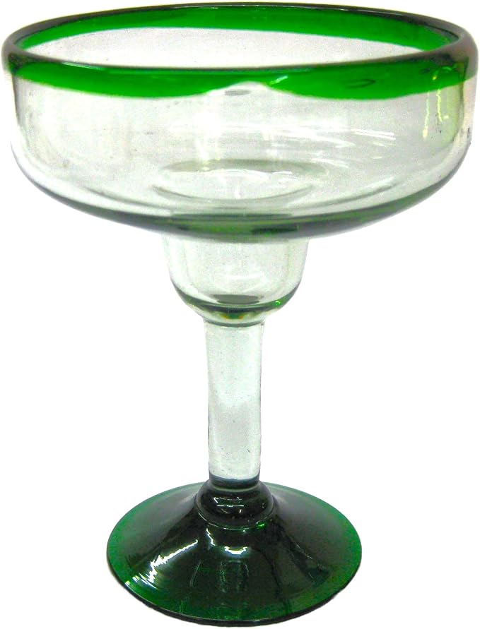 Emerald Green Rim 14 oz Large Margarita Glasses (set of 6), Recycled Glass, Lead-free, Toxin-Free (Margarita)